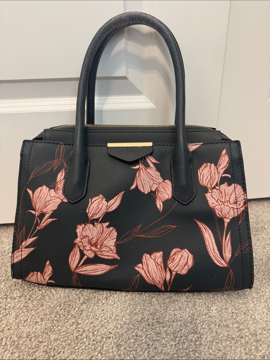 a new day Handbags - a new day Dark Green Satchel with Blush Pink Floral Print and Gold Accent
